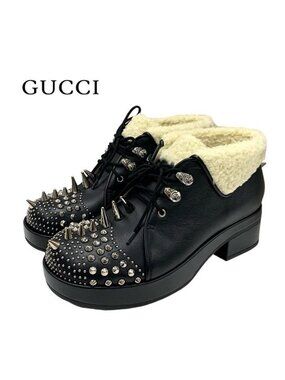 Gucci Boots Short Shoes Leather Shearling Black Studs Lace Up Boa